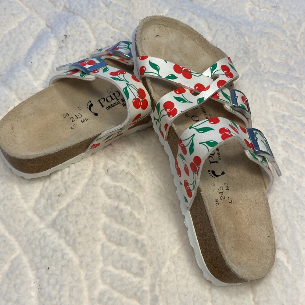 Birkenstock White Sandals with Red Cherry Print and Green Leaves